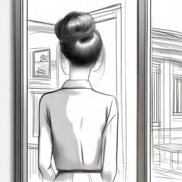 A sketched back view close-up image of a beautiful lady with a Korean hair bun, facing the door of a modern duplex house