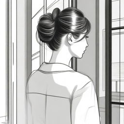 A sketched back view close-up image of a beautiful lady with a Korean hair bun, facing the door of a modern duplex house