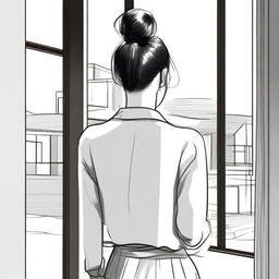 A sketched back view close-up image of a beautiful lady with a Korean hair bun, facing the door of a modern duplex house