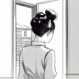 A sketched back view close-up image of a beautiful lady with a Korean hair bun, facing the door of a modern duplex house