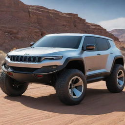 A futuristic concept of a Jeep car, featuring advanced technology, dynamic aerodynamic design, and eco-friendly propulsion systems.