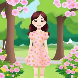 Create an image of a young girl with a friendly smile, standing in a park with trees and flowers in the background