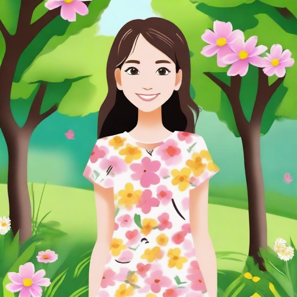 Create an image of a young girl with a friendly smile, standing in a park with trees and flowers in the background