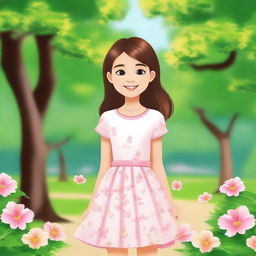 Create an image of a young girl with a friendly smile, standing in a park with trees and flowers in the background