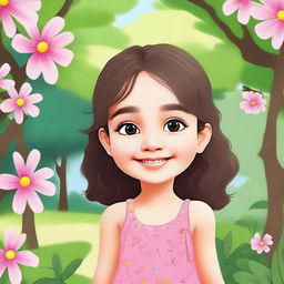 Create an image of a young girl with a friendly smile, standing in a park with trees and flowers in the background