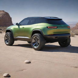 A futuristic concept of a Jeep car, featuring advanced technology, dynamic aerodynamic design, and eco-friendly propulsion systems.