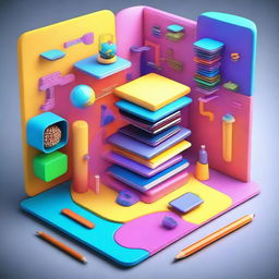 Create a futuristic 3D image with vibrant colors depicting the theme 'Designing the Future of Education: Innovation, Universal Design for Learning, and Multimodality'
