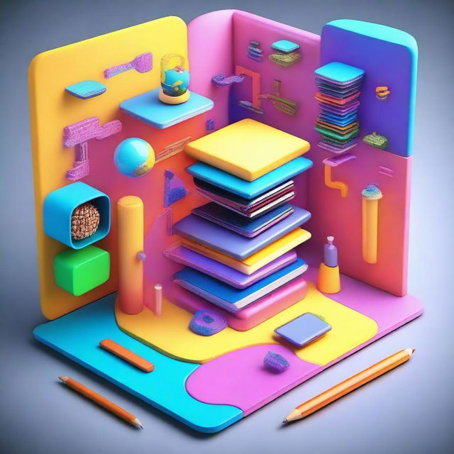 Create a futuristic 3D image with vibrant colors depicting the theme 'Designing the Future of Education: Innovation, Universal Design for Learning, and Multimodality'