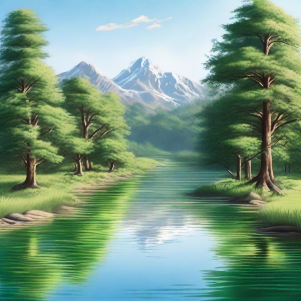 Create a highly detailed and realistic image of a serene natural landscape with a flowing river, lush green trees, and a clear blue sky