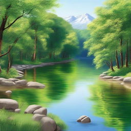 Create a highly detailed and realistic image of a serene natural landscape with a flowing river, lush green trees, and a clear blue sky