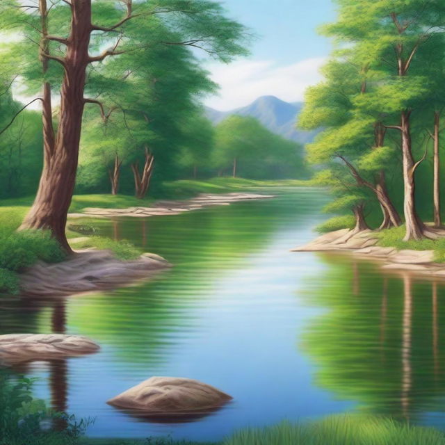 Create a highly detailed and realistic image of a serene natural landscape with a flowing river, lush green trees, and a clear blue sky