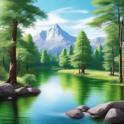 Create a highly detailed and realistic image of a serene natural landscape with a flowing river, lush green trees, and a clear blue sky