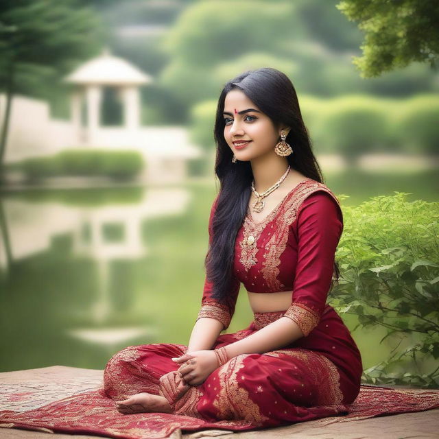 A beautiful Indian girl in traditional attire, gracefully sitting in a serene garden, showing her feet