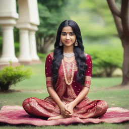 A beautiful Indian girl in traditional attire, gracefully sitting in a serene garden, showing her feet