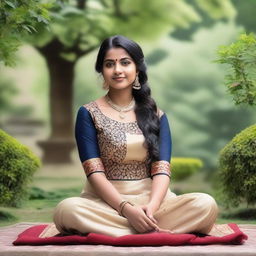 A beautiful Indian girl in traditional attire, gracefully sitting in a serene garden, showing her feet