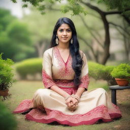 A beautiful Indian girl in traditional attire, gracefully sitting in a serene garden, showing her feet