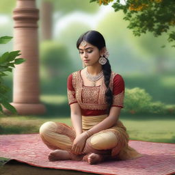 A realistic depiction of an Indian girl in traditional attire, sitting in a peaceful garden setting, showing the soles of her feet