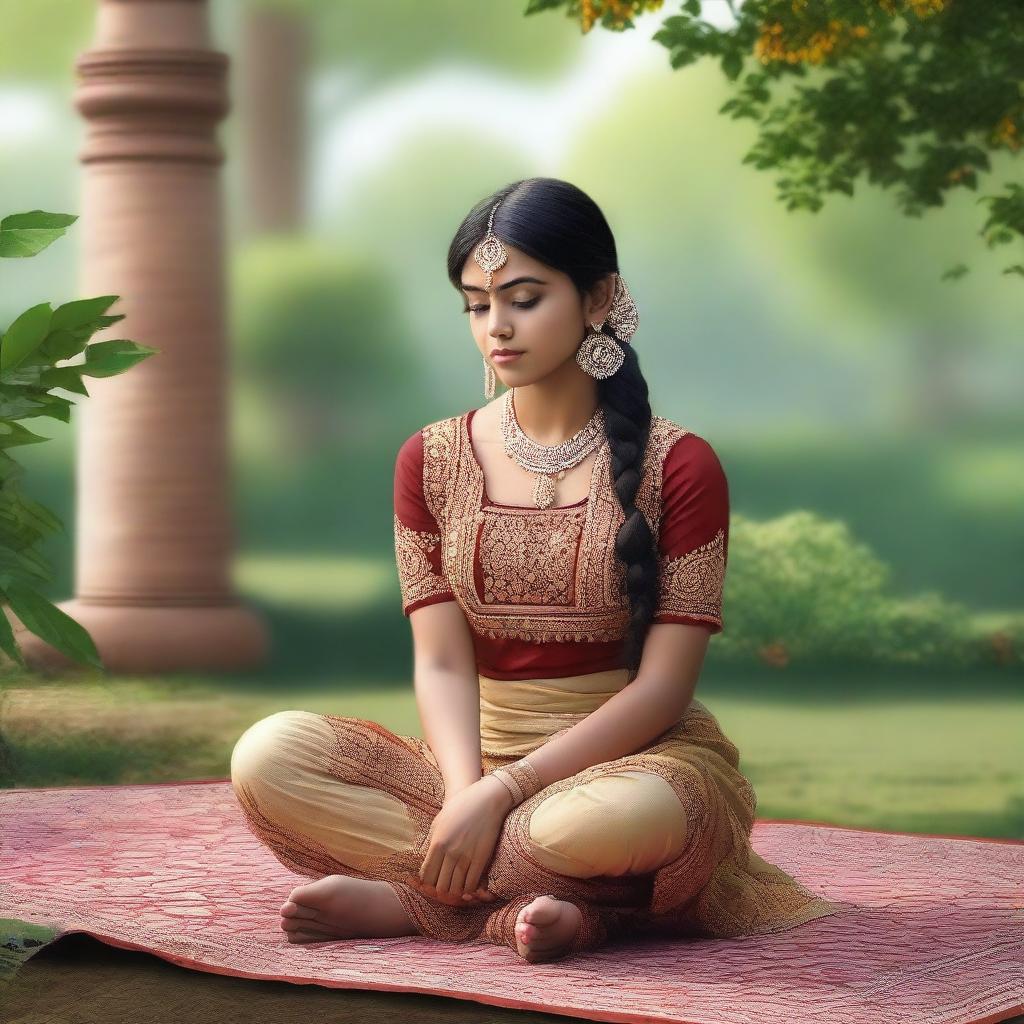 A realistic depiction of an Indian girl in traditional attire, sitting in a peaceful garden setting, showing the soles of her feet