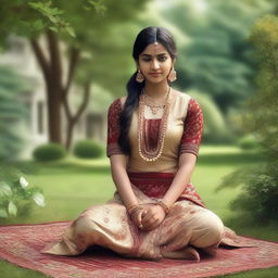 A realistic depiction of an Indian girl in traditional attire, sitting in a peaceful garden setting, showing the soles of her feet