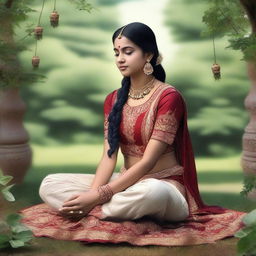 A realistic depiction of an Indian girl in traditional attire, sitting in a peaceful garden setting, showing the soles of her feet