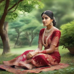 A realistic depiction of an Indian girl in traditional attire, sitting in a peaceful garden setting, showing the soles of her feet