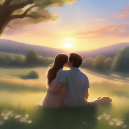 A heartwarming scene depicting two characters in love, sharing a tender moment in a beautiful, serene setting