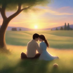 A heartwarming scene depicting two characters in love, sharing a tender moment in a beautiful, serene setting