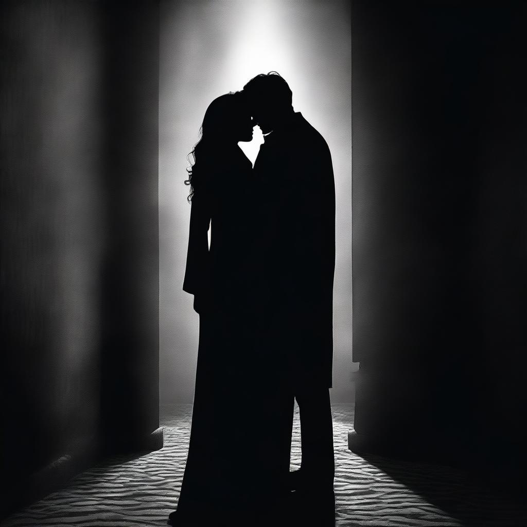 A captivating scene featuring a mysterious woman and man, both shrouded in shadows