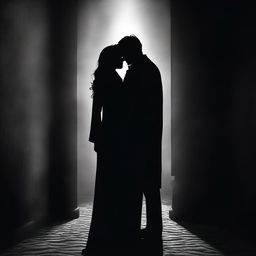 A captivating scene featuring a mysterious woman and man, both shrouded in shadows