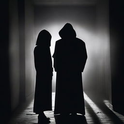 A captivating scene featuring a mysterious woman and man, both shrouded in shadows