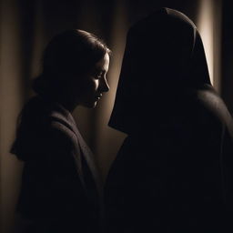 A captivating scene featuring a mysterious woman and man, both shrouded in shadows