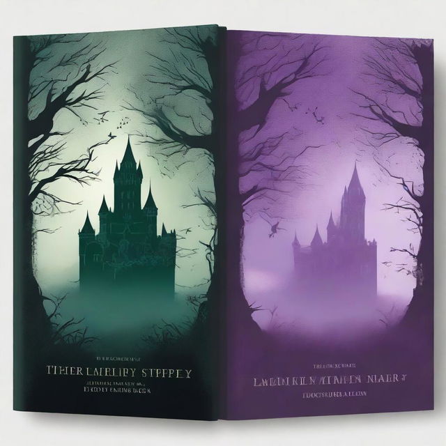 A dark fantasy book cover featuring a shadowy forest with twisted trees, an eerie fog, and a mysterious castle in the background