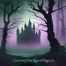 A dark fantasy book cover featuring a shadowy forest with twisted trees, an eerie fog, and a mysterious castle in the background