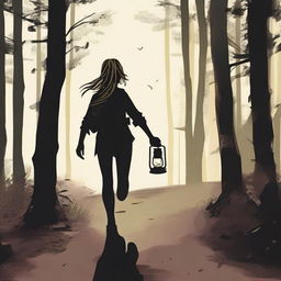 A blonde teenage girl running on a dirt trail with dense forest on both sides