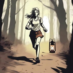 A blonde teenage girl running on a dirt trail with dense forest on both sides