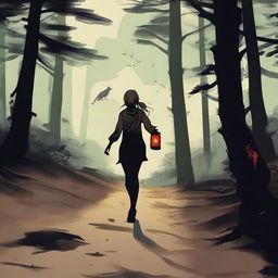 A blonde teenage girl running on a dirt trail with dense forest on both sides