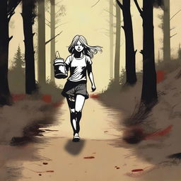 A blonde teenage girl running on a dirt trail with dense forest on both sides