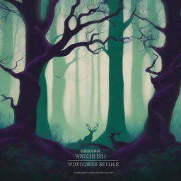 A dark fantasy book cover featuring a shadowy forest with twisted trees, an eerie fog, and mythical creatures lurking in the background