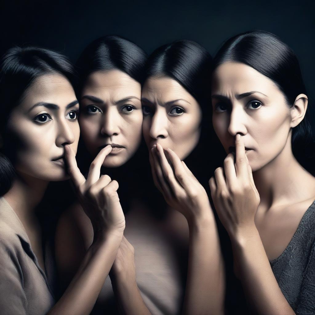 A captivating scene featuring multiple women, each with a finger pressed to their lips in a 'hush' gesture