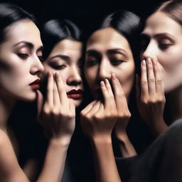 A captivating scene featuring multiple women, each with a finger pressed to their lips in a 'hush' gesture