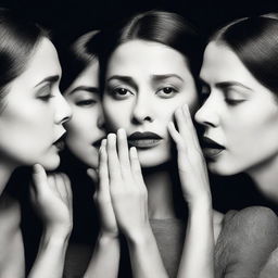 A captivating scene featuring multiple women, each with a finger pressed to their lips in a 'hush' gesture