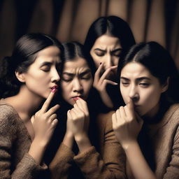 A captivating scene featuring multiple women, each with a finger pressed to their lips in a 'hush' gesture