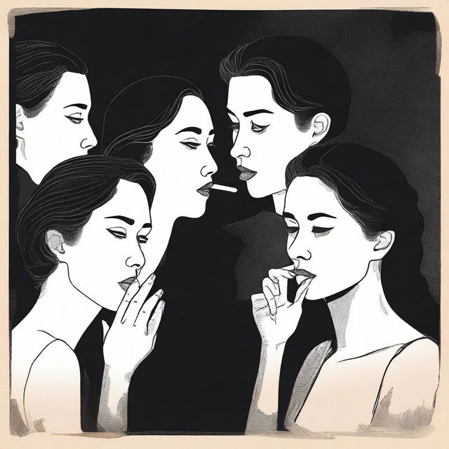 A captivating scene featuring multiple women and a man, each with a finger pressed to their lips in a 'hush' gesture