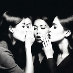 A captivating scene featuring multiple women and a man, each with a finger pressed to their lips in a 'hush' gesture