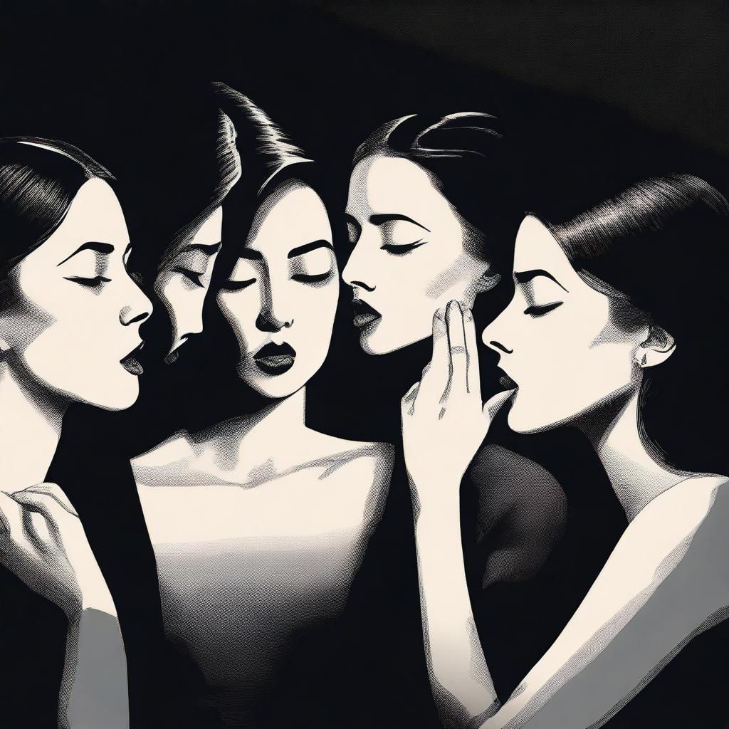 A captivating scene featuring multiple women and a man, each with a finger pressed to their lips in a 'hush' gesture