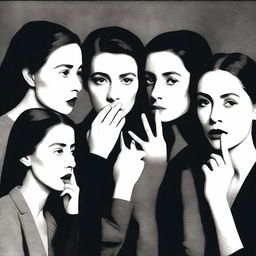 A captivating scene featuring multiple women and a man, each with a finger pressed to their lips in a 'hush' gesture