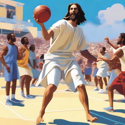 A dynamic and engaging scene featuring Jesus playing basketball