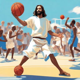 A dynamic and engaging scene featuring Jesus playing basketball