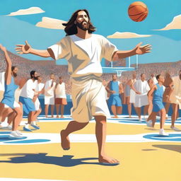 A dynamic and engaging scene featuring Jesus playing basketball