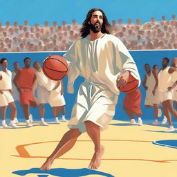 A dynamic and engaging scene featuring Jesus playing basketball